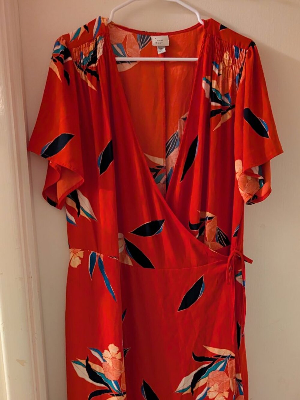 Red Floral Wrap Maxi Dress with Pockets Flutter Sleeve A New Day Size XXL